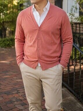 Simons Men's Terracotta Pink Button-Up Cardigan Lightweight Knit V-Neck Classic